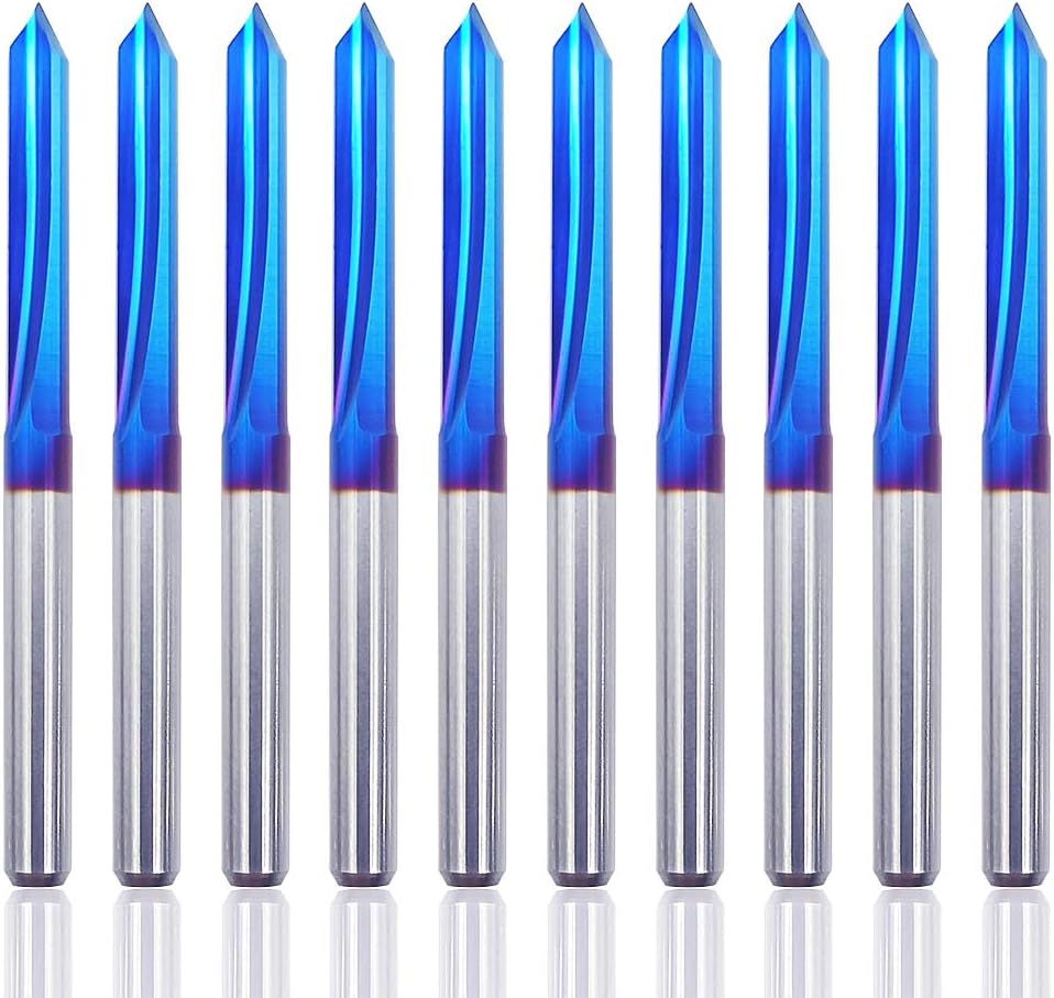 CNC Router Bits, 1/8" Shank Straight Groove V Bits Engraving Bits 60 Degree 0.1mm Tip, Nano Blue Coat 2-Flute Carbide Engraving Tool for Carbon Fiber PC Wood PCB Acrylic