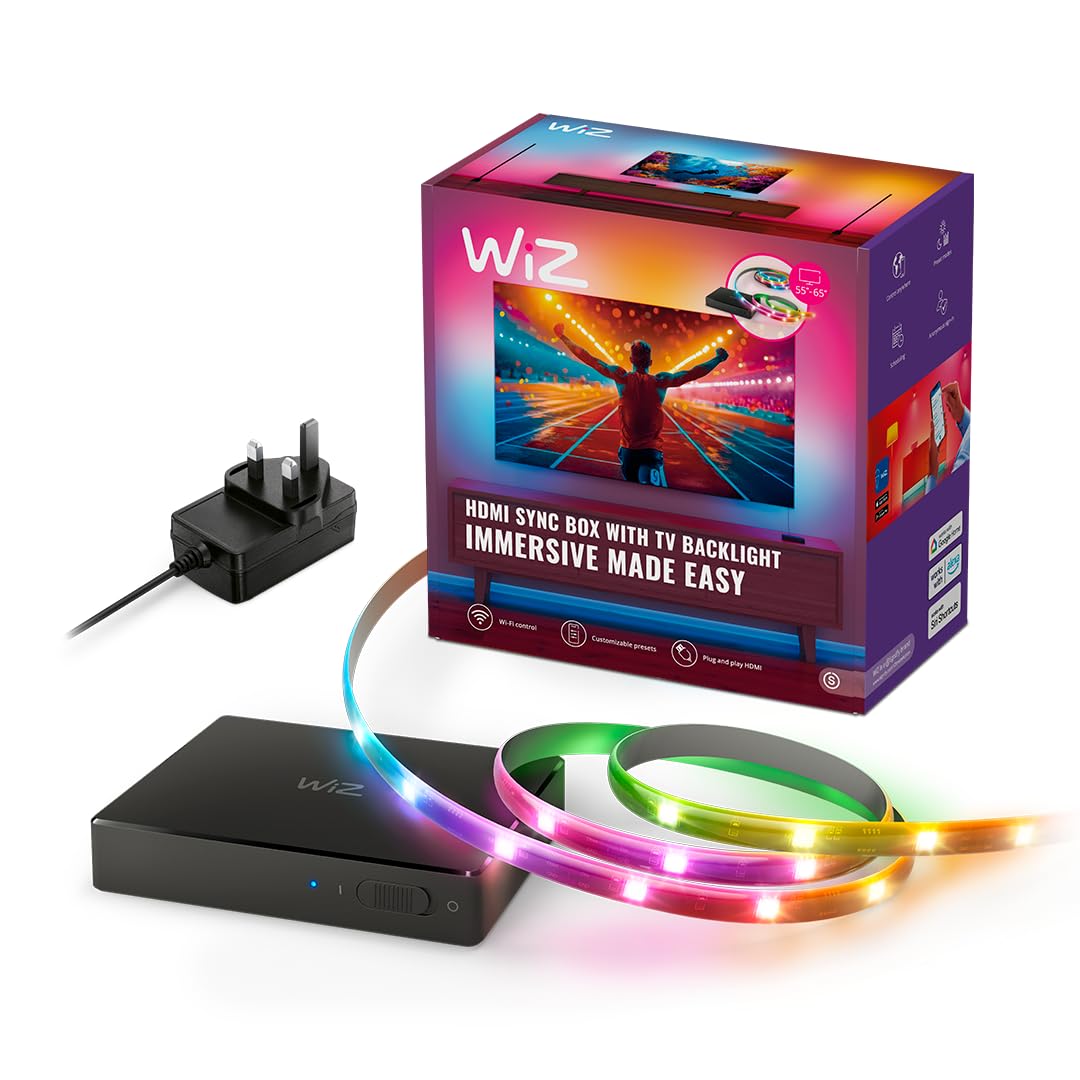 WiZ HDMI Sync Box with TV Backlight – Syncs Light to Your Movies, Games and Music - HDMI 2.0 – Supports 4K at 60Hz - RGBIC LED Strip for 55"-65" TVs - App/Voice Control, Works with Google and Alexa