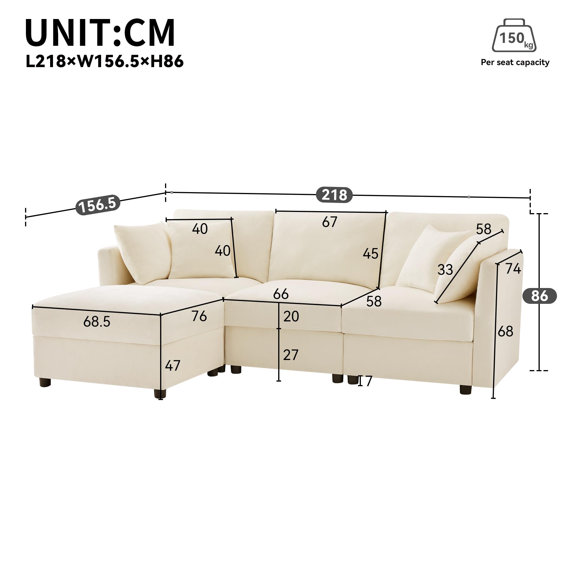 Soweiz Sofá esquinero en forma de L con reposapiés, convertible de 3 plazas, 4 cojines, reposabrazos ajustables, tela de chenilla para salón, oficina o apartamento, 218 x 156,5 x 86 cm, color beige