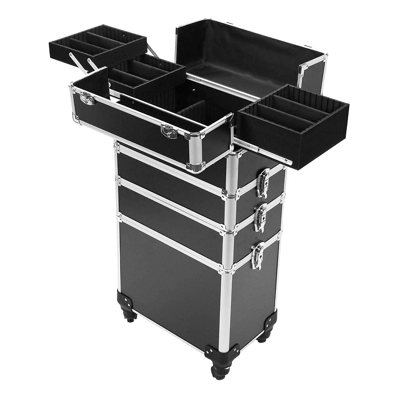 ADSON Professional Hairdressing Case Makeup Box Aluminium Cosmetic Vanity Trolley 4 In 1 Make-Up Nail Art Case Box With 360° Wheels (Black) 3