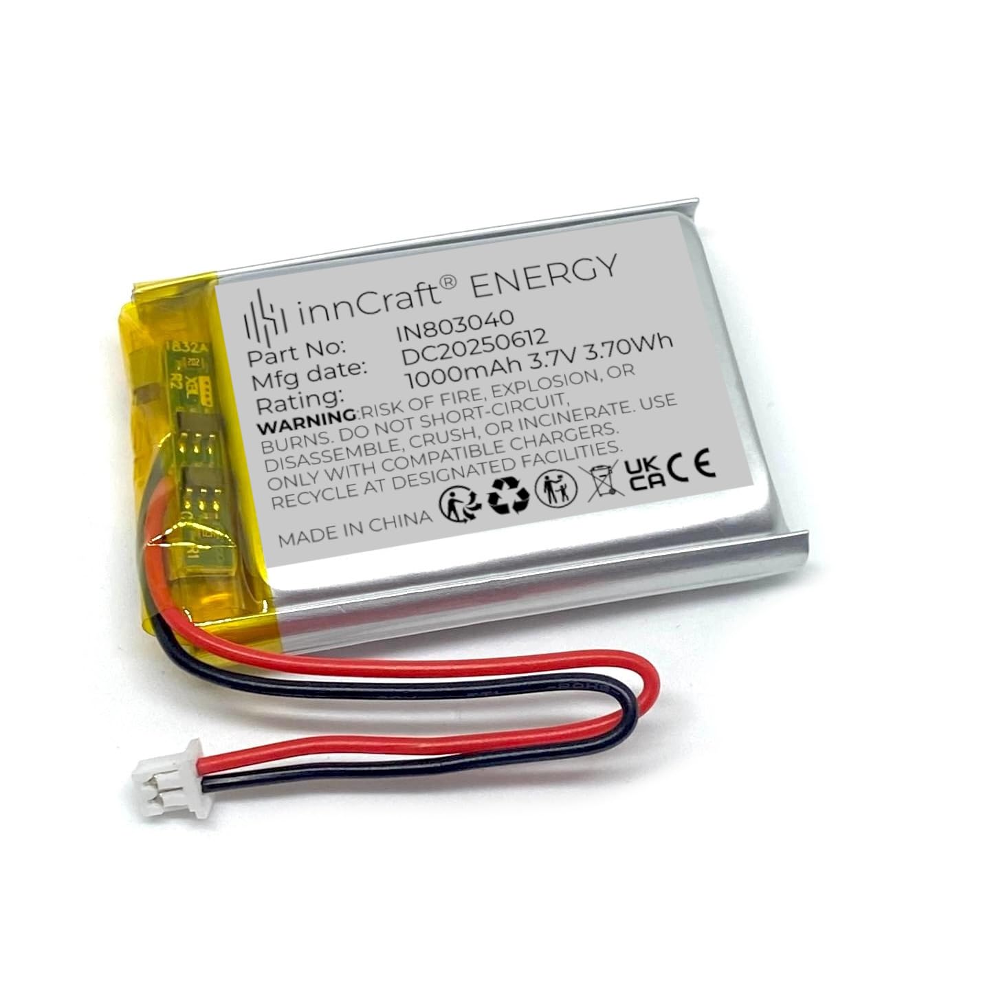 Batteria ai polimeri di litio innCraft Energy 1000mAh 3,7V, 40 x 30 x 8 Modello 803040 2P Molex 51021-020 Connettore 1,25 mm