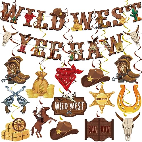 26 Pieces Western Party Decorations West Cowboy Banners Hanging Swirls Wild West Banners Yee Haw Ceiling Streamers for Boys Birthday Western Baby Shower Party Decor