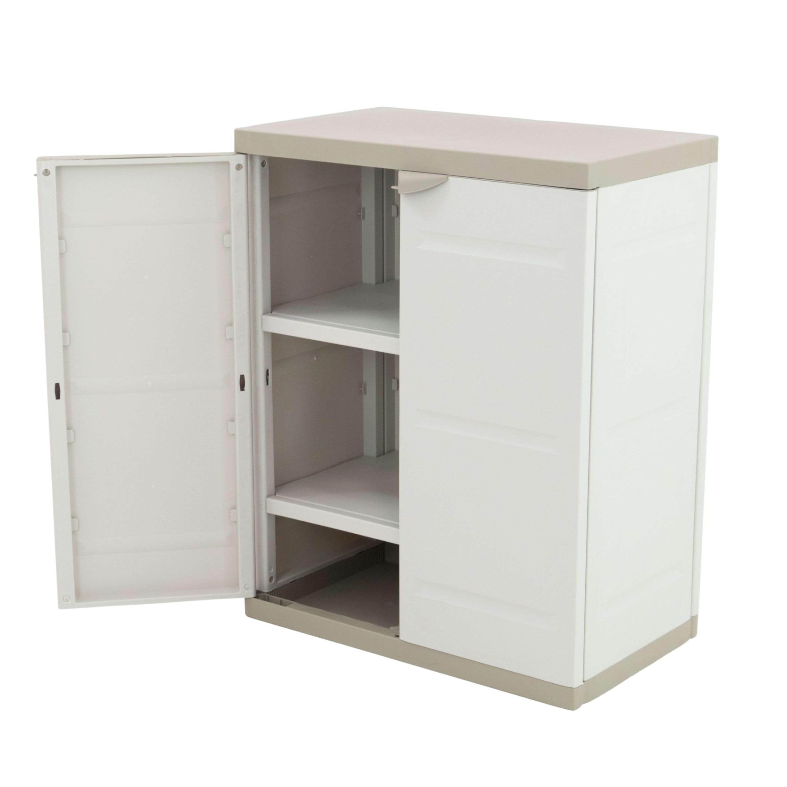 Miroytengo Armadio 2 ante e 2 ripiani interni, armadio basso esterno, armadio in resina titanio beige 70x88x41 cm