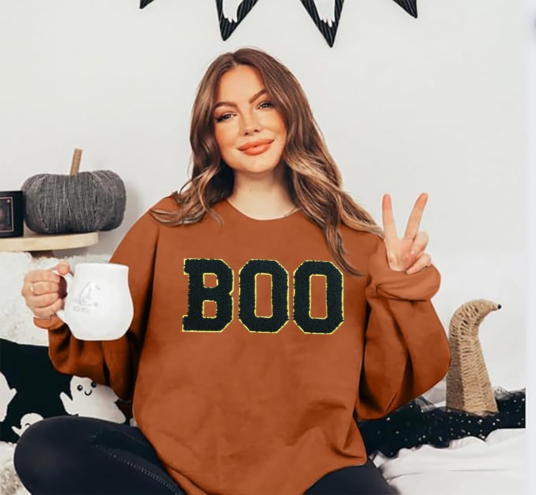Halloween BOO Sweatshirt Women Ghost Chenille Patch Sweatshirts Spooky Season Fall Embroidered Pullover Top - Image 5