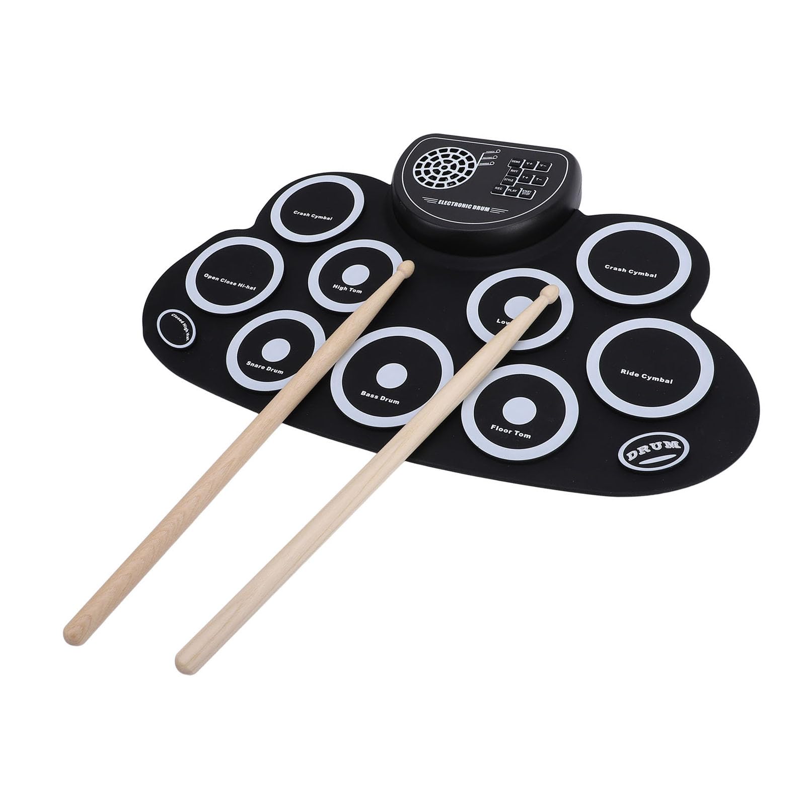 Batería Electrónica de 9 Pads, 6 Demostraciones 10 Ritmos Batería Enrollable Recargable con Conector para Auriculares, Altavoz Incorporado, Batería Eléctrica Compacta para Niños,