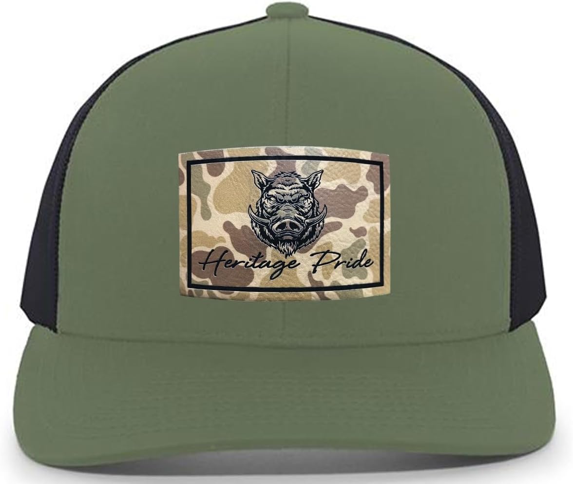 Heritage Pride Wild Boar Hog Pig Hunting Outdoors Engraved Camo Leather Patch Mesh Back Trucker Hat