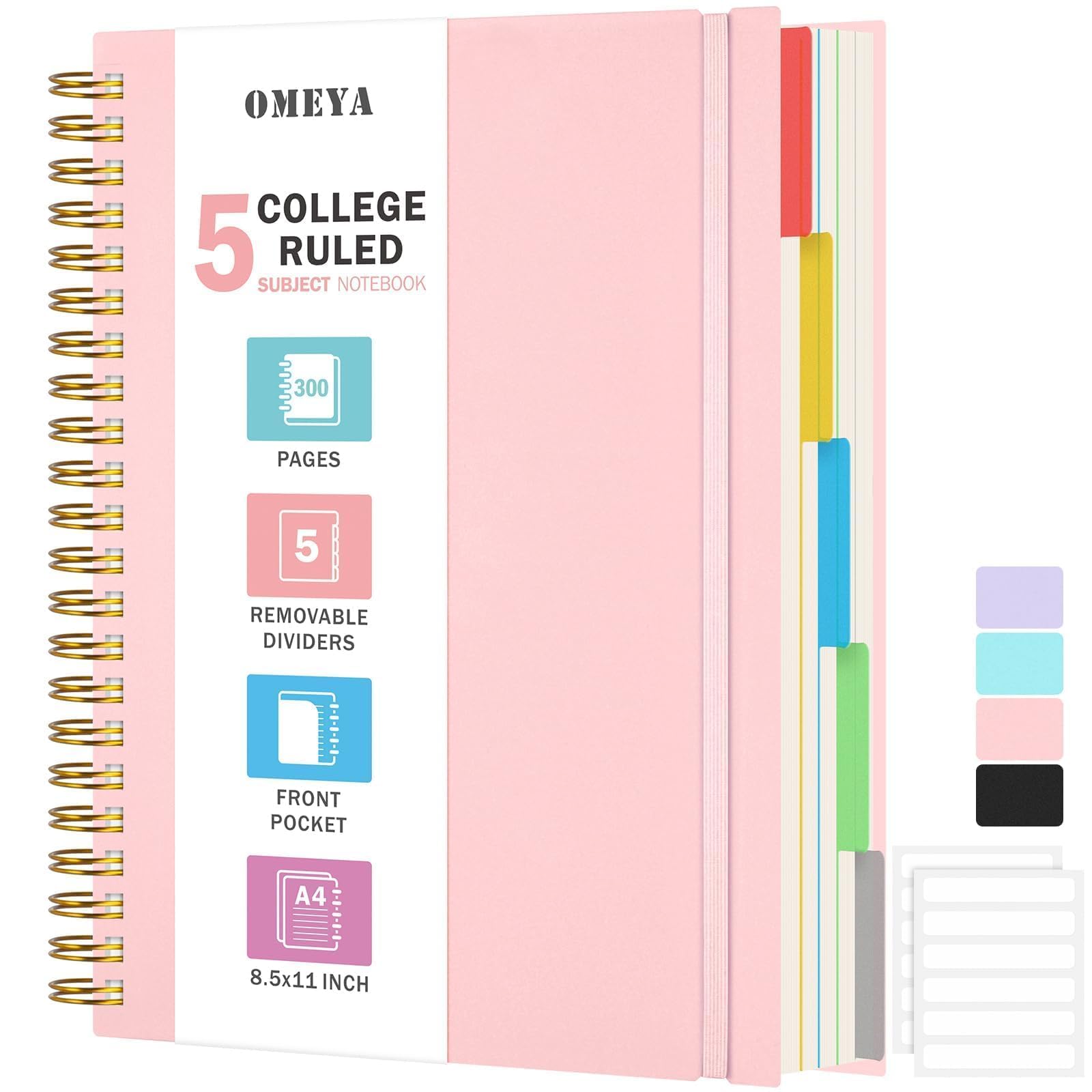 Spiral Notebook 8.5" x 11", 5 Subject Notebooks College Ruled with Removable Dividers, 300 Pages 100GSM Thick Spiral Writing Journal for Women & Men, Large A6 Lined Journal Notebooks for Work, School