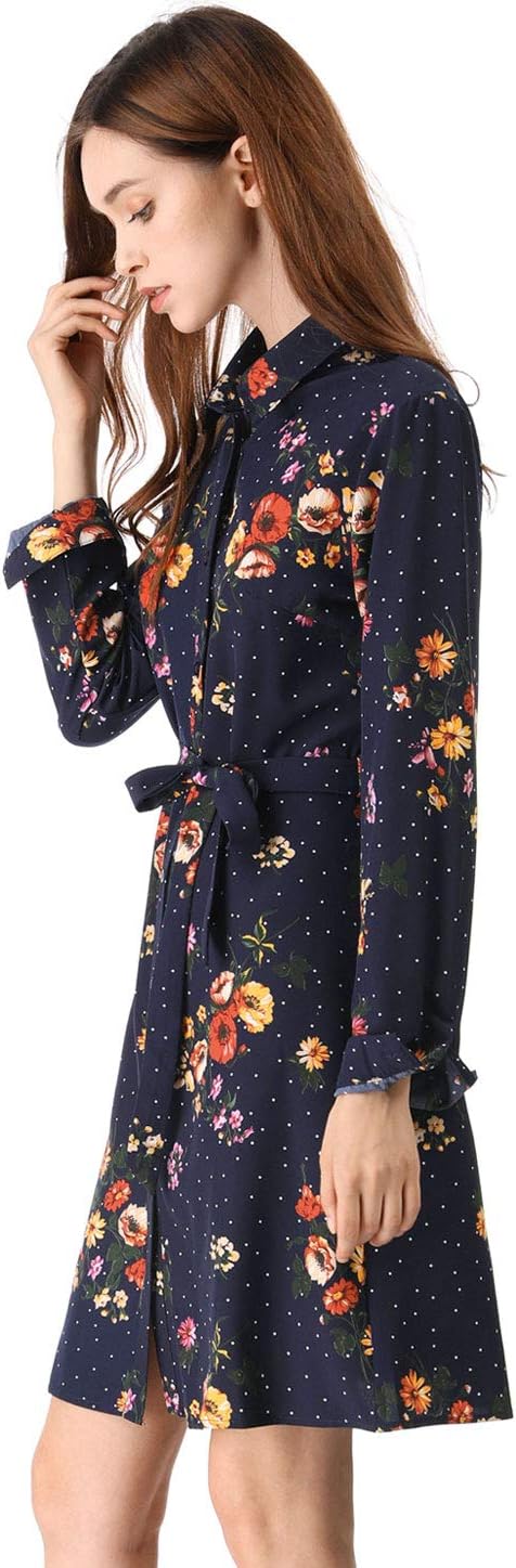 Allegra K Women's Button Down Vintage Polka Dots Dresses Collar Tie Belted Floral Shirt Dress - Image 4