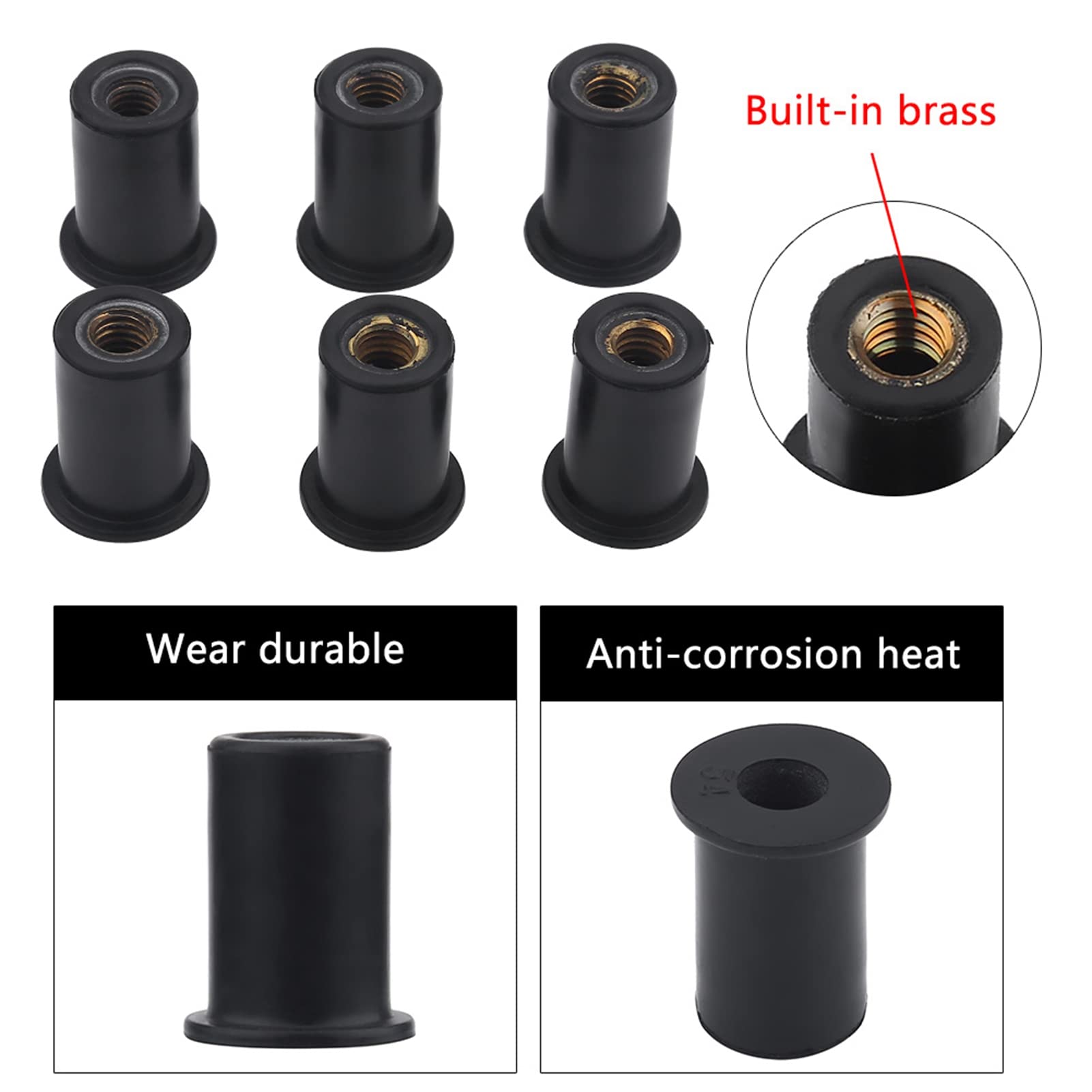 25 Dadi In Gomma M6 Con Inserti In Ottone Per Parabrezza Moto, Kayak, Barche - Antivibranti E Sigillanti, Nero - 2