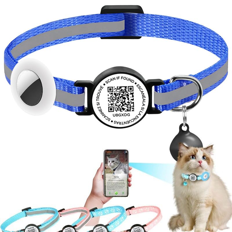 Reflective Waterproof AirTag Pet Collar, Adjustable Anti-Lost with QR Code, for Cats & Small Dogs (Blue+Silicone Cover (excluding Locator))