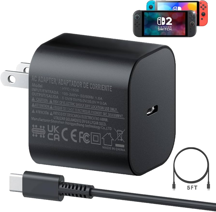 Amazon.com: Nintendo 任天堂Switch 2 充電器60W AC 電源適配器快速