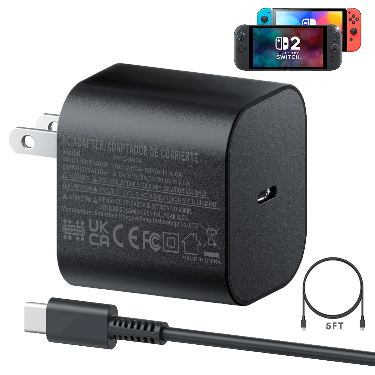 Charger for Nintendo Switch 2, 60W AC Power Adapter Fast Charging for Nintendo Switch2/Switch/LITE/OLED/Steam Deck, Support Switch TV Dock Mode Output 20V 3A USB C Chargers with 5Ft Charger Cable