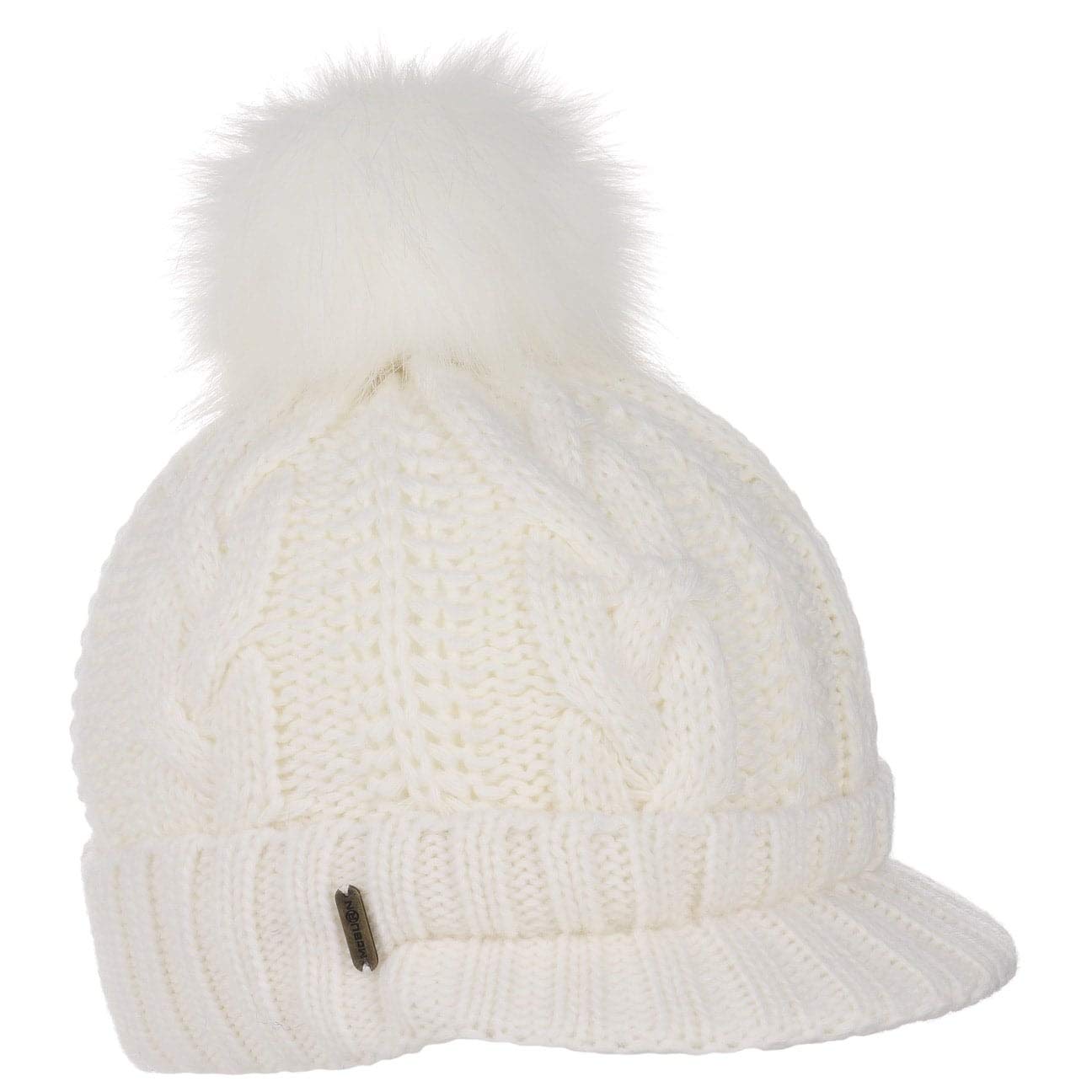 McBURN Britta Cable Knit Beanie Women - Made in Italy Winter Pompom hat with Peak, Lining, Lining Autumn-Winter - One Size Cream White