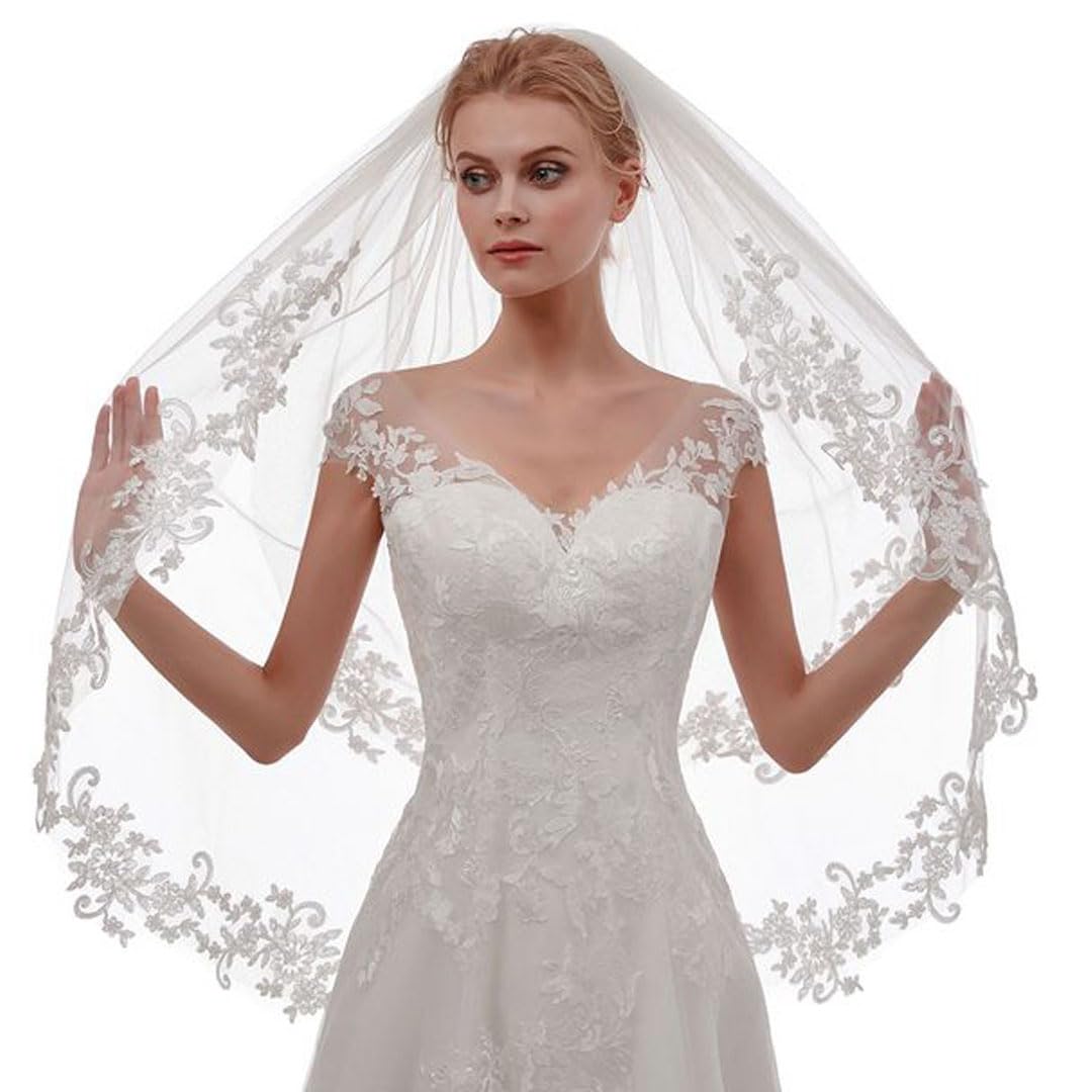 AOREASWhite Short Wedding Veil Pearl Rhinestone Bride Veils Bridal Veils Bachelorette Party Veil for Brides and Women