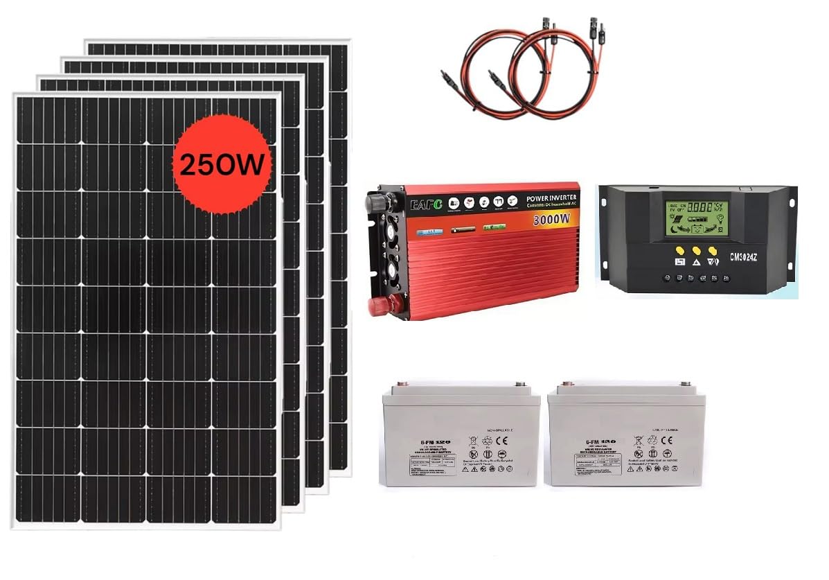Kit Fotovoltaico Completo, 4 Pannelli Solari 250W Monocristallini, Inverter 3000W 12V, Regolatore 30A, 2 Batterie 120AH al Gel