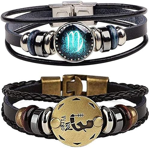 2 pulseras retro del zodiaco para hombres, 12 constelaciones, hechas a mano, pulseras de cuero trenzadas punk, cuero, vidrio, aleación, otro