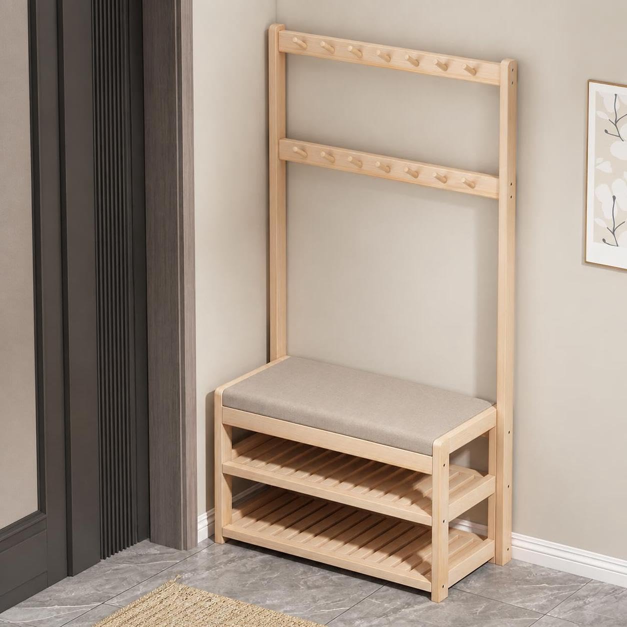 Árbol de recibidor de Madera Maciza con Banco para Zapatos tapizado, Perchero, Zapatero, Organizador de Almacenamiento Todo en uno para el hogar