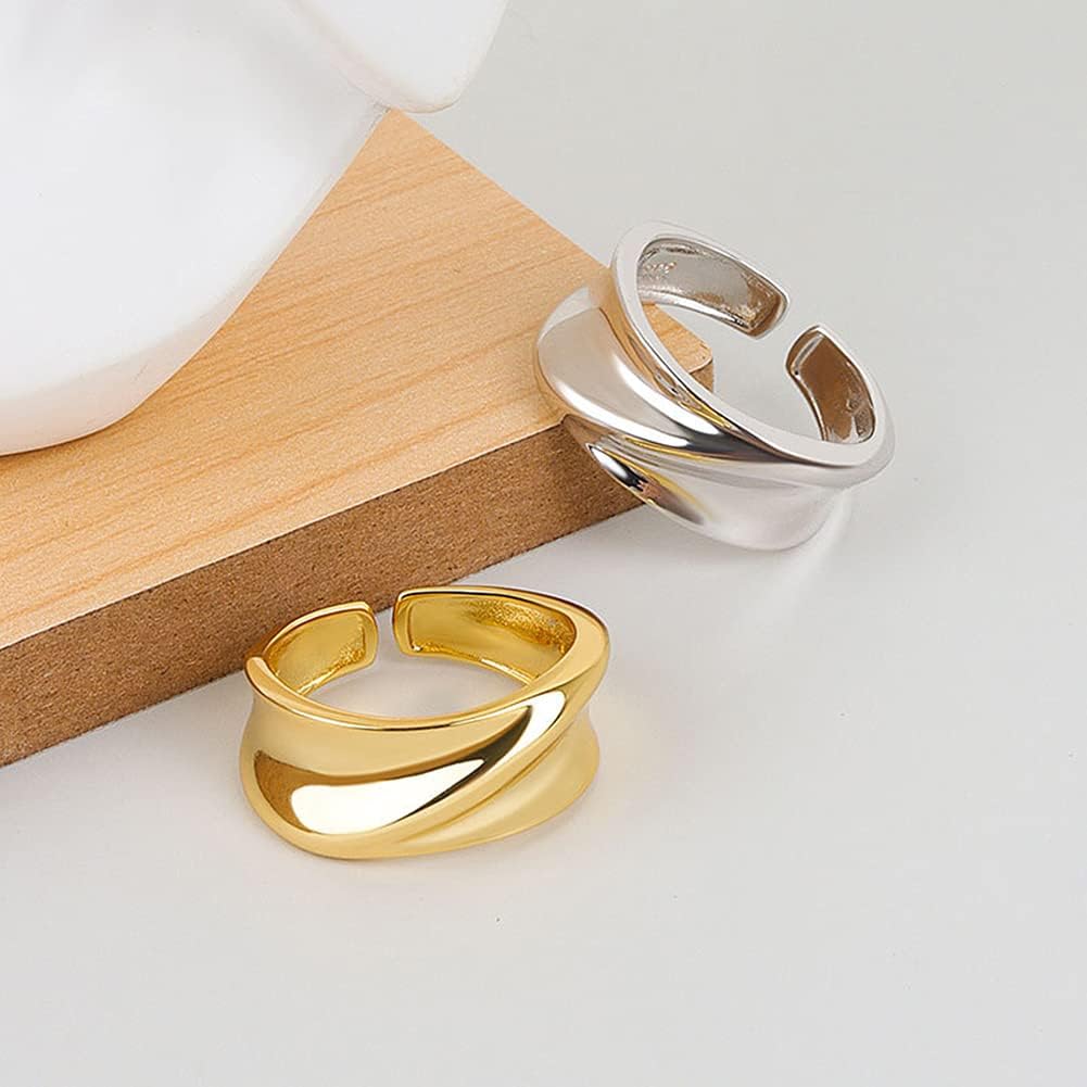 chengxun Exaggerated Wide Face Fold Rings Simple Glossy Opening Adjustable Ring Gold for Women - Image 5