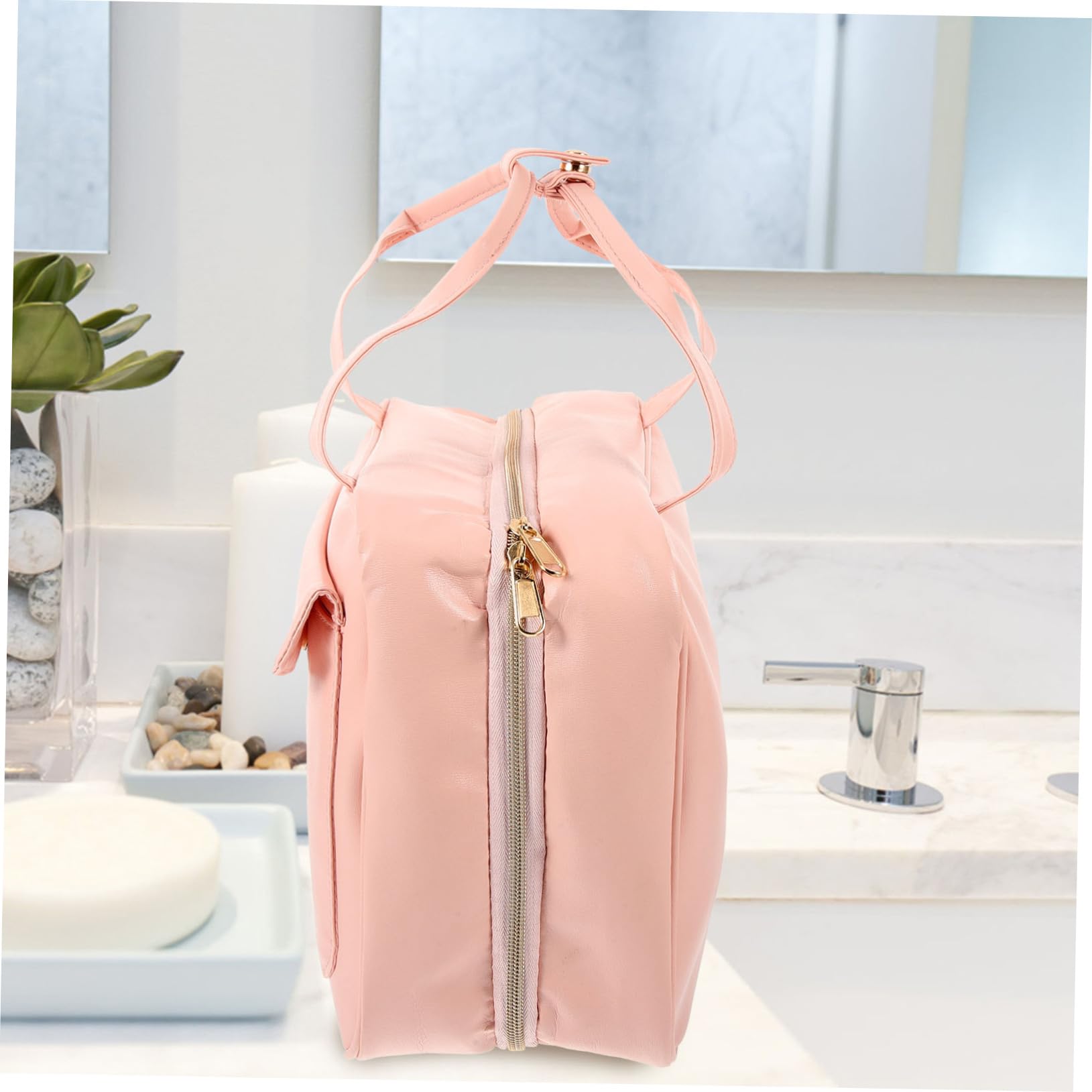 Beauty Case da Viaggio Appeso Grande Capienza in Pu Rosa | Scomparti Multipli e Tasche, Manico Pratico, Design Pieghevole per Viaggio e Uso Outdoor