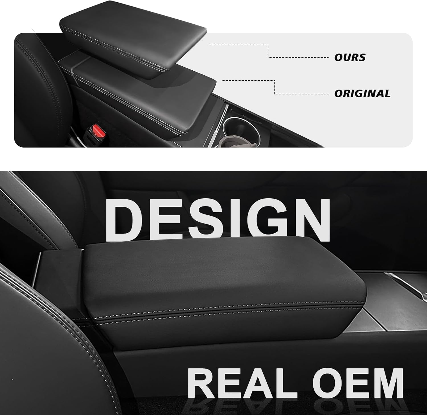 Muslogy Center Console Armrest Cover Fit for Tesla Model Y Juniper 2026+ / Model 3 Highland 2024+ Accessories, Comfort Armrest Pad Console Lid Cushion Vegan Leather Snap-On Black (Hard Cover)
