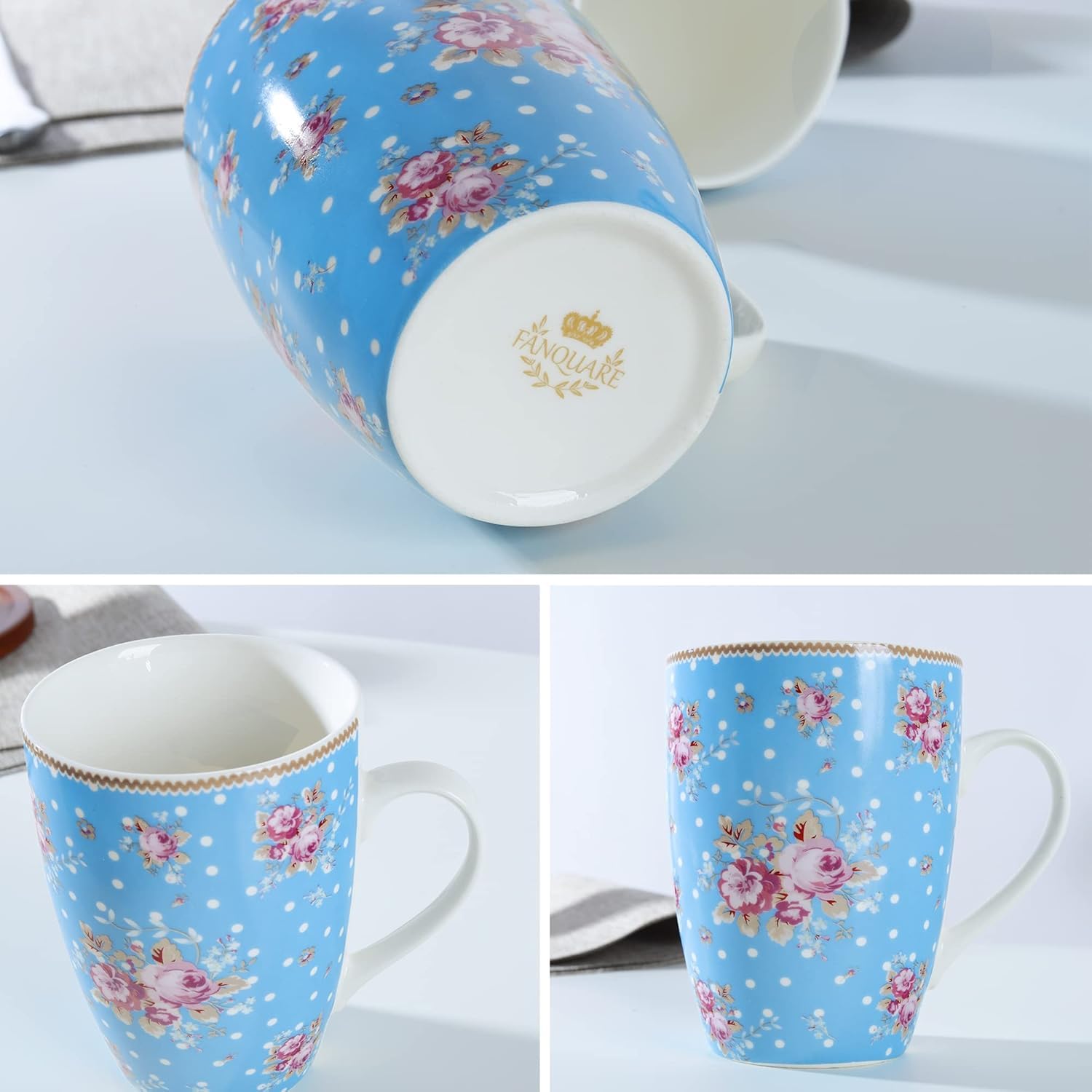 fanquare 350ml Juego de Tazas de Café de Porcelana Floral con Asa, Grande Tazas de Té Azul y Blanca, Juego de 4