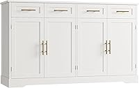 HOSTACK 60" White Buffet Sideboard with 4 Drawers, 36" Tall Modern Kitchen Storage Cabinet, Gold Handles, Coffee Bar Table