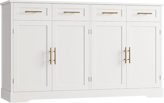 HOSTACK 60" W Sideboard Buffet Cabinet with Storage, Kitchen Cabinet, White | 36 Tall Kitchen Buffet Storage Cabinet with 4 Drawer, Large Coffee Bar Cabinet, Modern Buffet Table for Dining Living Room