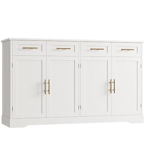 HOSTACK 60"W Sideboard Buffet Cabinet with Storage, Kitchen Storage Cabinet | with 4 Drawers, Large Coffee Bar Cabinet, 36" Tall Kitchen Buffet Table w/ Gold Handles, Dining Living Room, Entry, White