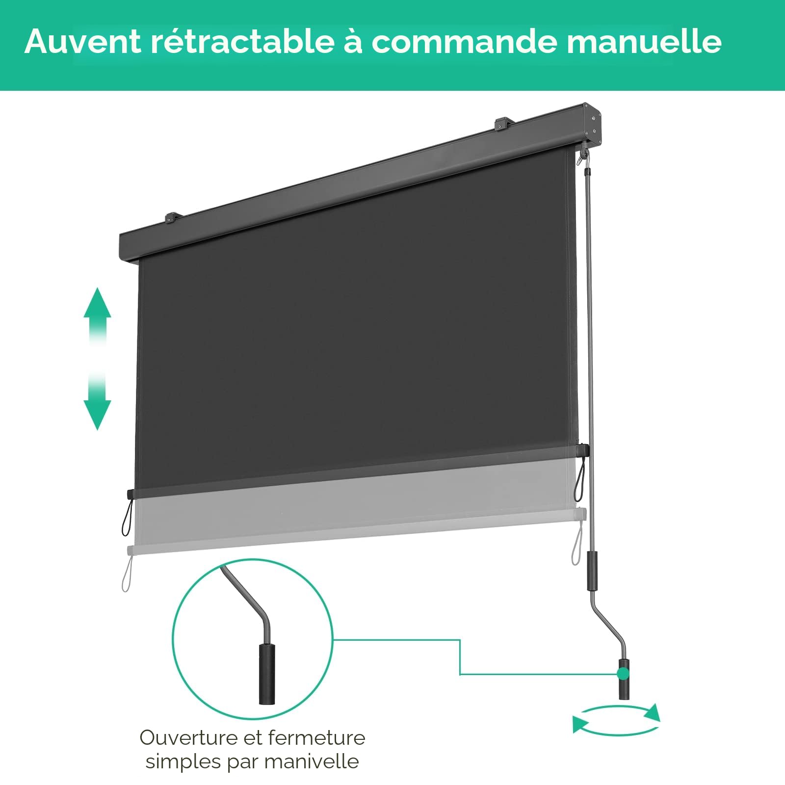 LIFERUN Store vertical extensible à manivelle, 140 x 250 cm, avec cassette, protection solaire, coupe-vent et brise-vue avec manivelle, pour balcon et terrasse - Gris