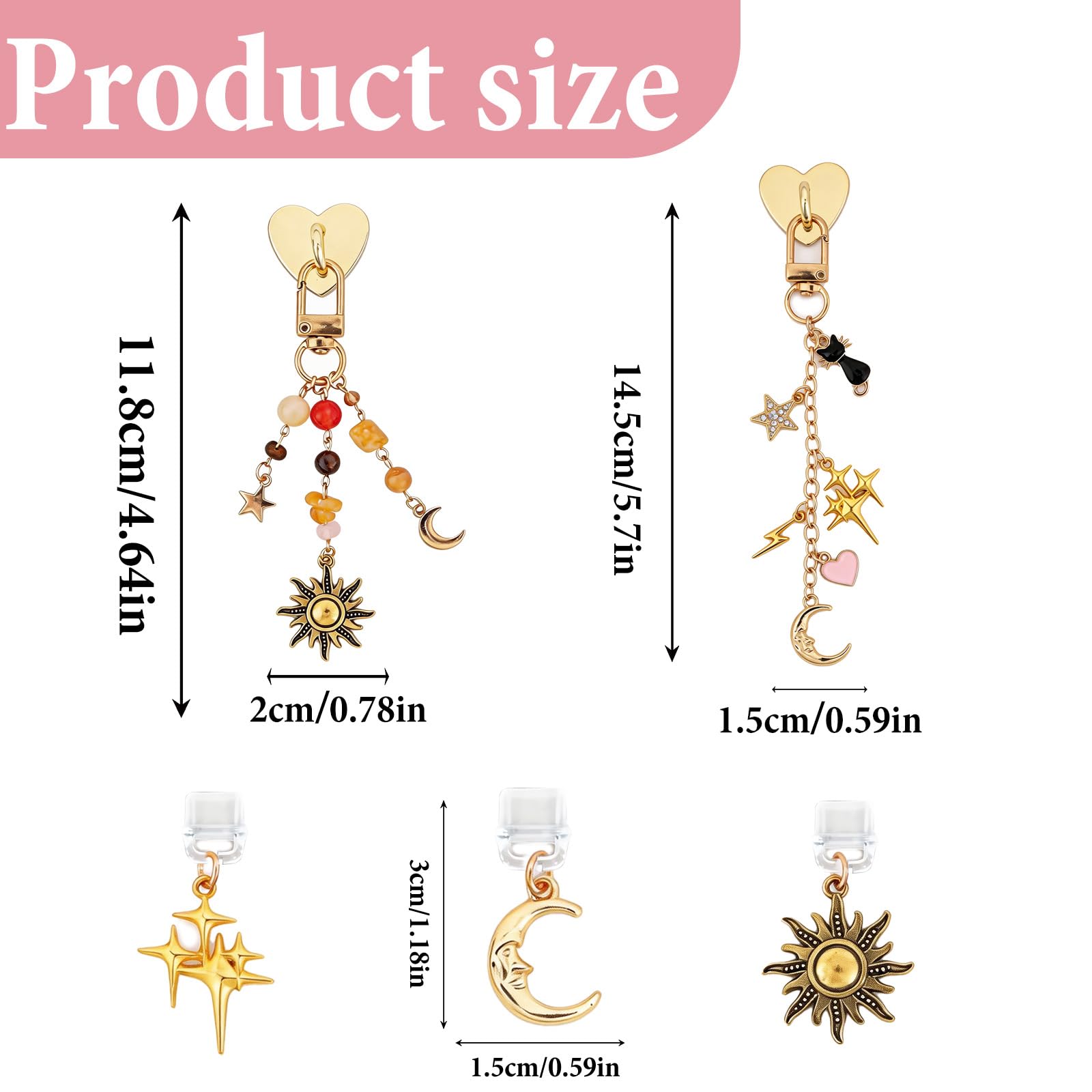 5PCS Crystal Charms for Kindle - Fantasy Mystical Star Moon Sun Chains with Type C Dust Plug, Charm for Readers Book Lovers, Compatible for E-Reader Phones Paper White - 5