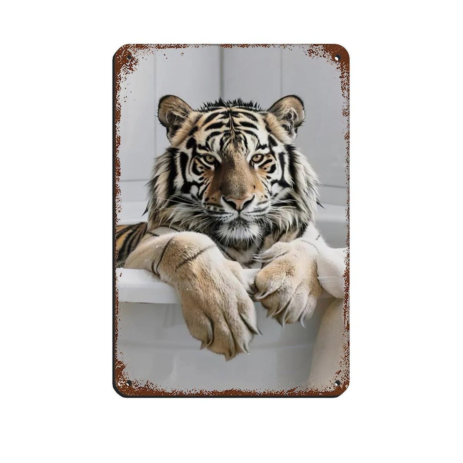 Funny Tiger in Bathtub Art, Cute Bathroom & Laundry Room Tin Sign Vintage Metal Pub Club Cafe Bar Home Wall Art Decoration Poster Retro 8x12inch(20x30cm)