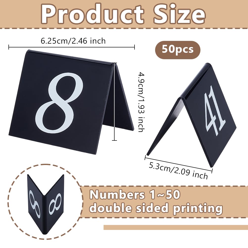 OLYCRAFT 50 letreros acrílicos de números de mesa de estilo tienda de campaña del 1 al 50 números de mesa negros de doble cara, letreros acrílicos de 5,3 x 6,3 x 4,9 cm para bodas, banquetes,