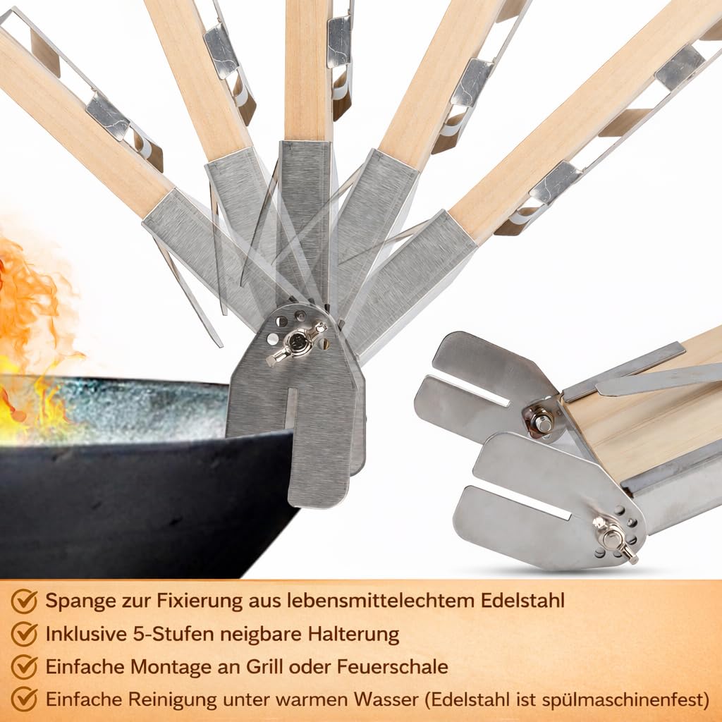 Wiederverwendbares Flammlachsbrett 2er Set mit Edelstahlhalterung, Tannenholz Lachsbrett für Feuerschale & Grill, Verstellbarer Flammlachs Halterung für BBQ und Outdoor Camping
