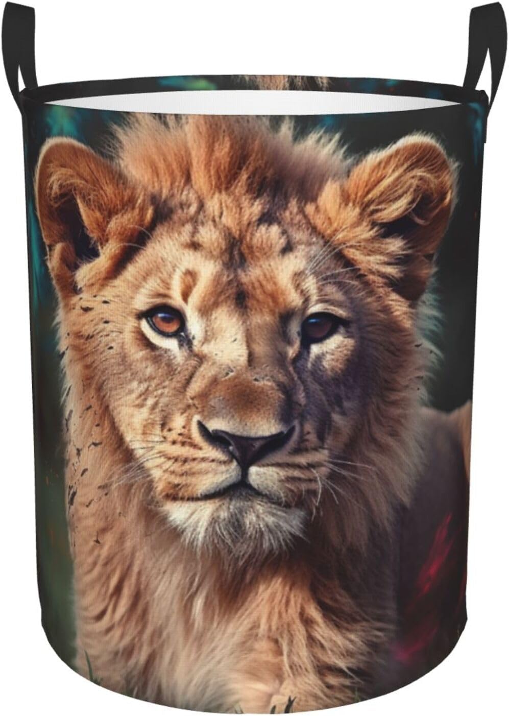 Laundry Basket Collapsible Laundry Hamper Waterproof Art Lion Clothes Organizer with Handles Round Tall Clothes Hamper for Bedroom Bathroom, Medium, Black