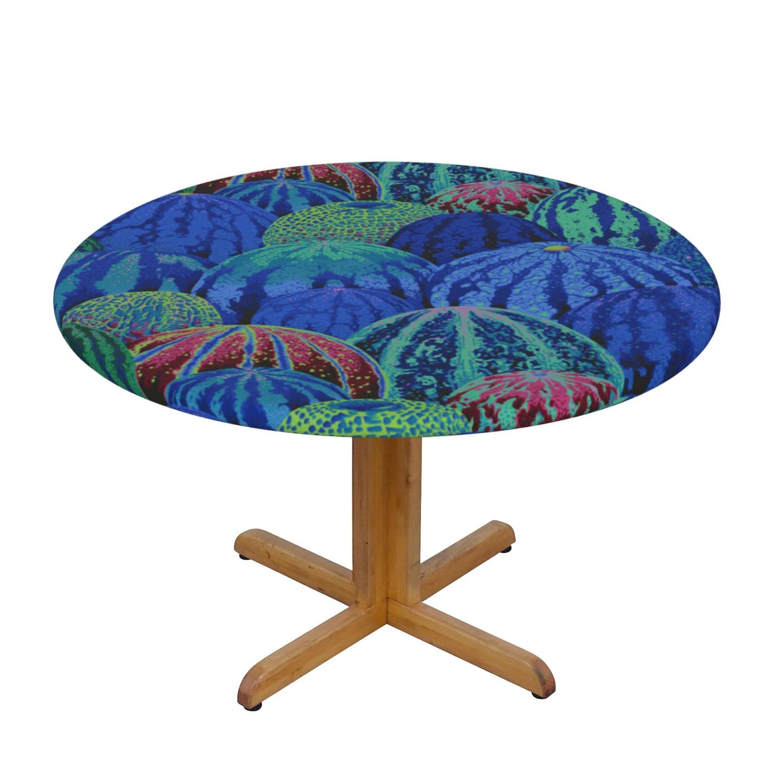 Lsjuee Round Fitted Tablecloth 45-50in Elastic Edged Table Cloth for Kitchen Dining Party Home Decor - Psychedelic Watermelon Blue
