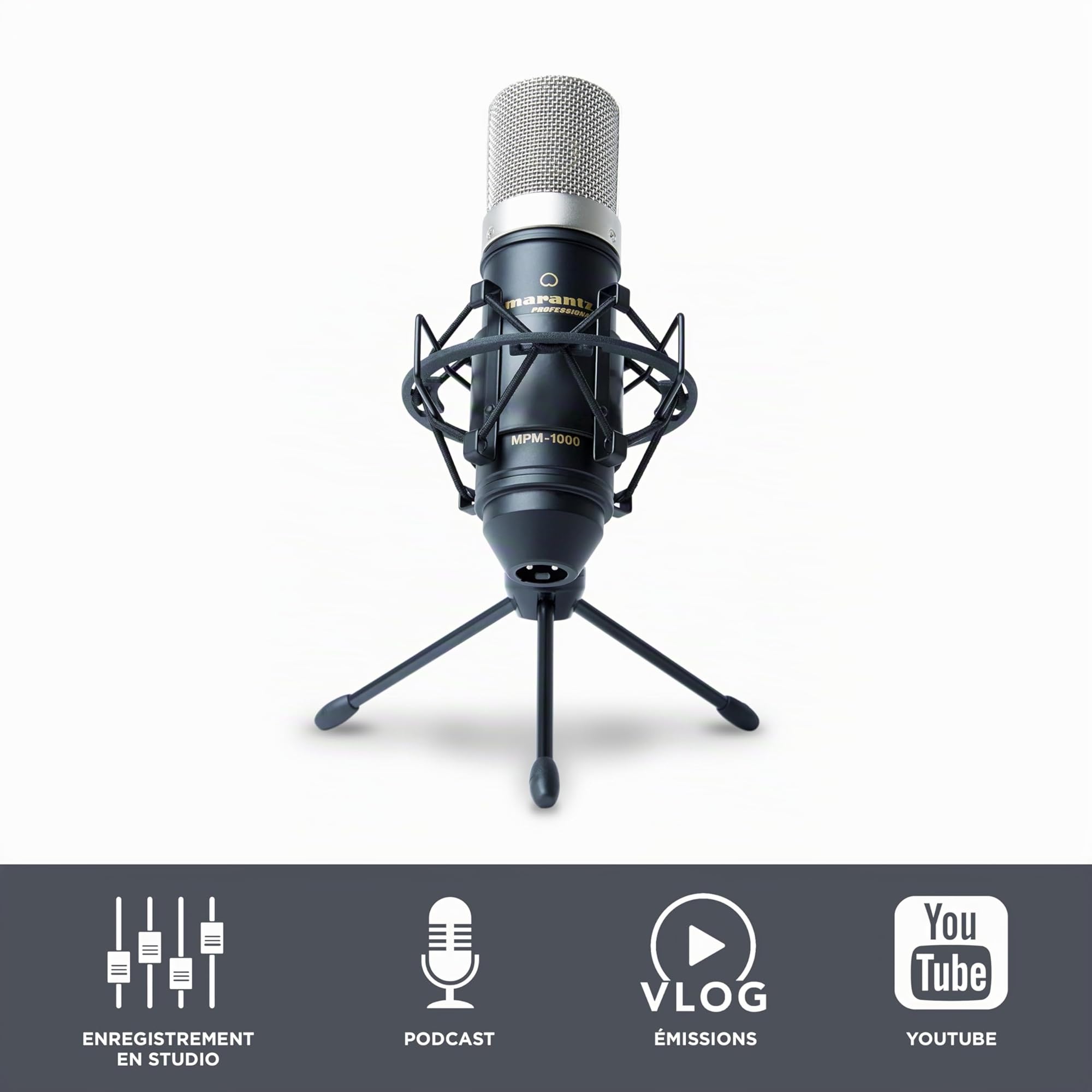 Marantz Professional MPM-1000 - Micro à condensateur XLR avec pied de bureau et câble pour podcast, streaming, chant, télétravail et gaming