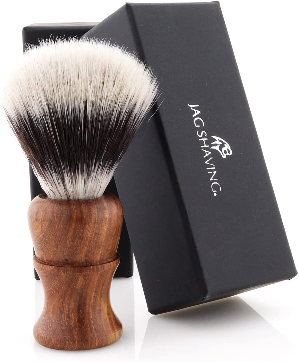 Jag Shaving Zestaw do golenia – zrównoważony 4-częściowy zestaw do golenia z drewna – syntetyczny pędzel do golenia ze srebrnymi włosami – 3 ostrza do golenia – stojak do golenia – skórzany pokrowiec
