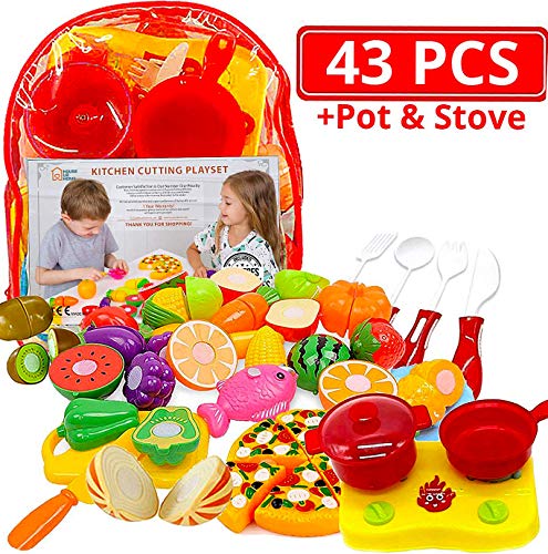 Kitchen Toys Cutting Fruit Vegetables Play Fun Cooking Little Stove top, Pot and Utensils 43 Pieces Pizza & Knife Toy, Cutting Board. Pretend Cutting Food Playset Carry Bag for Girls Boys Toddler,