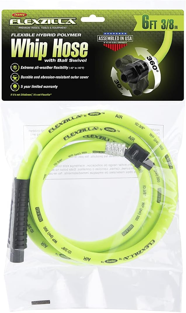 Buy 1 get 1 Flexzilla Ball Swivel Whip Air Hose, 3/8 in. x 6 ft. (1/4 in. MNPT Ball Swivel x 1/4 in. FNPT Ends), Heavy Duty, Lightweight, Hybrid, ZillaGreen - HFZ3806YW2B Up To 50% OFF Flexzilla Ball Swivel Whip Air Hose, 3/8 in. x 6 ft. (1/4 in. MNPT Ball Swivel x 1/4 in. FNPT Ends), Heavy Duty, Lightweight, Hybrid, ZillaGreen - HFZ3806YW2B