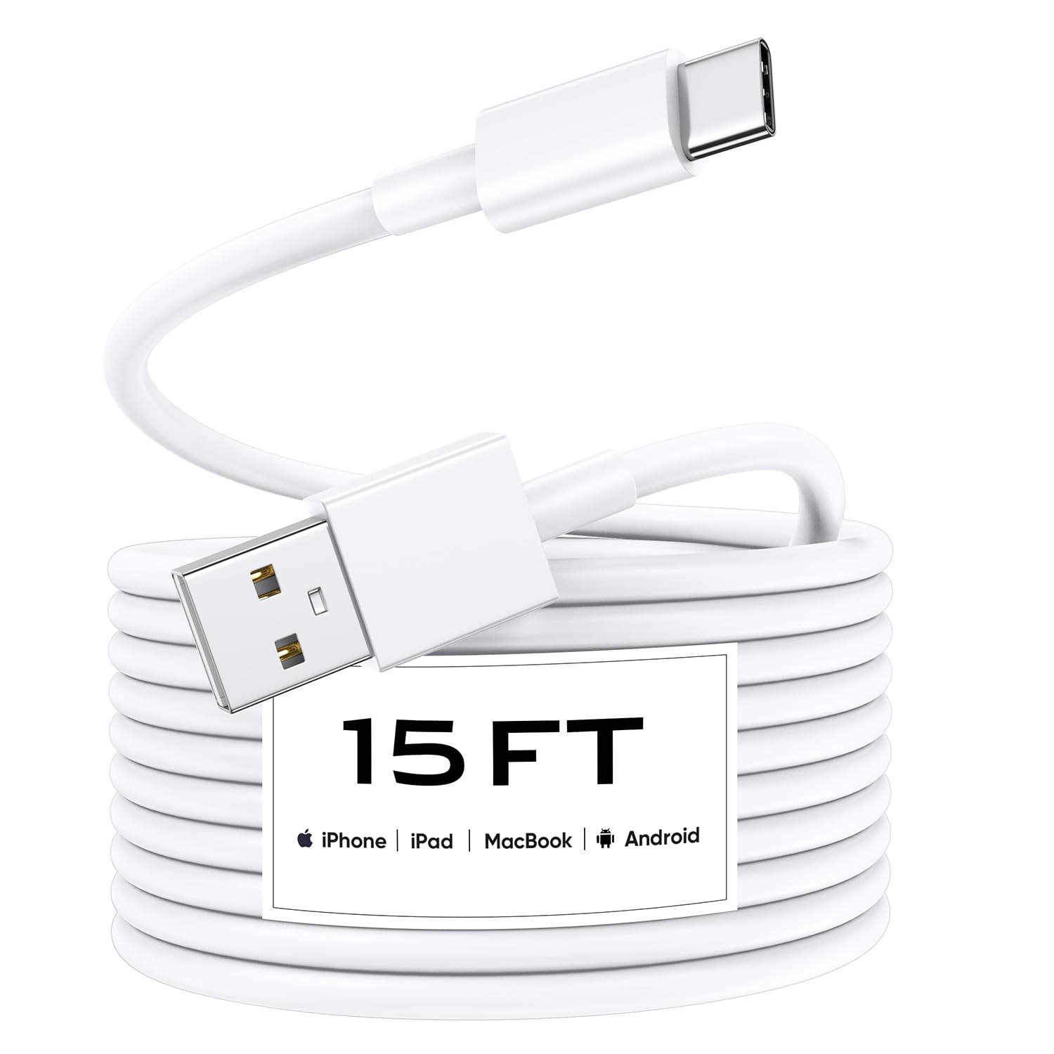 TPE - Cable cargador USB A 2.0 a tipo C, 4,6 m, color blanco