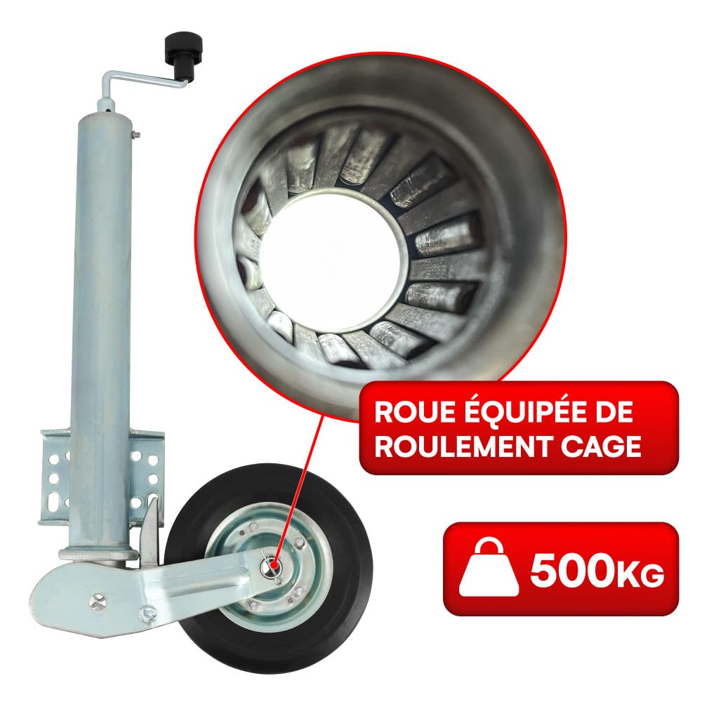 Roue Jockey - 500kg - Tube acier 60mm - Escamotable - Bride de fixation soudée multi-trous - Universelle tous types de remorques