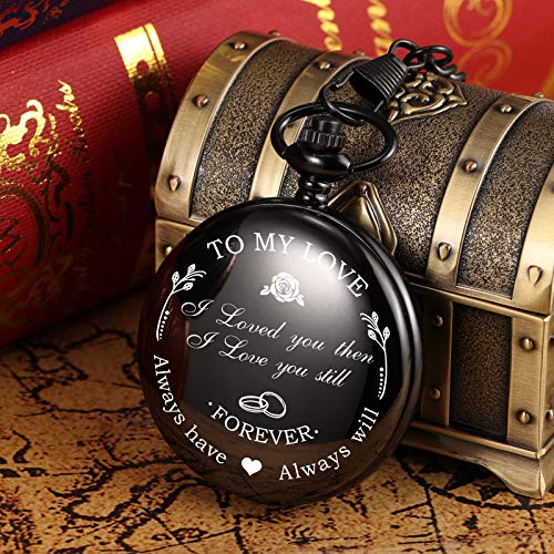Image of TREEWETO Mens Womens Quartz Personalized Pocket Watch Engraved Engraving Customized with Chain Gift Box Wedding Gift for Groomsman Bestman Husband Dad Love