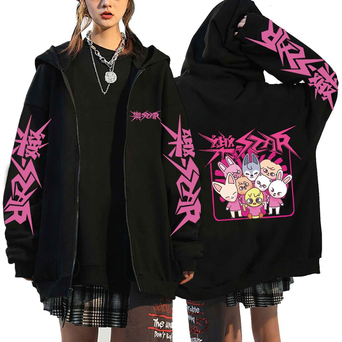 FlyselfKpop 樂-Star Rock Star Y2k Zip Up Hoodie Mens Womens Long Sleeve Pullover Top Hooded Sweatshirt E-Girl 90s Streetwear Jacket Jumper