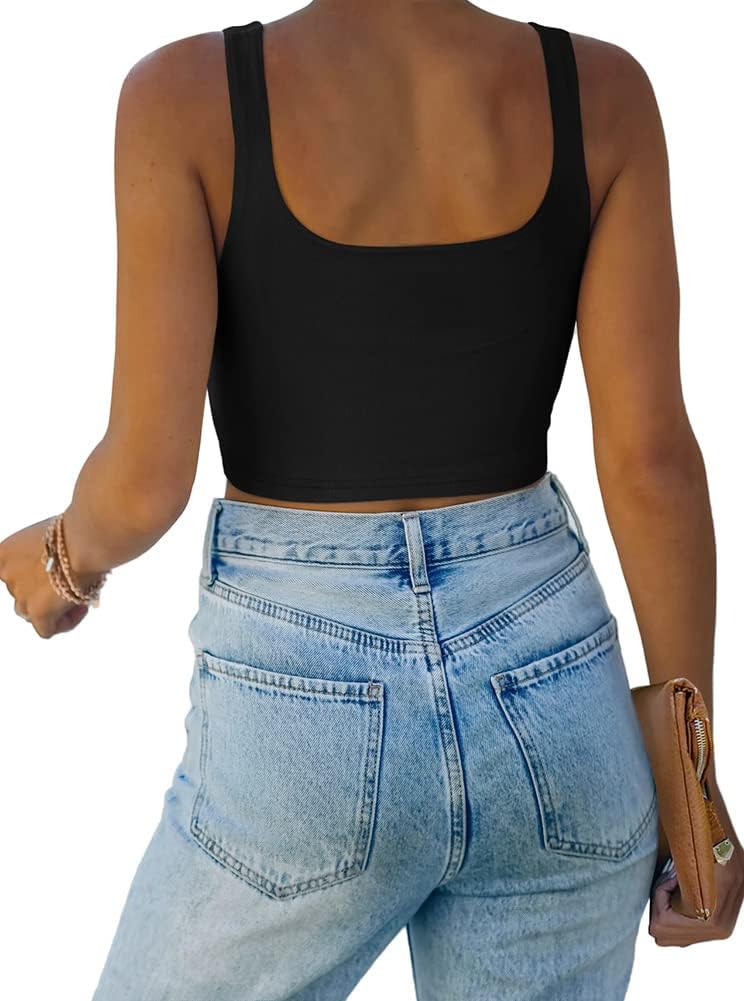 REORIA Women’s Sexy Square Neck Double Lined Seamless Sleeveless Cropped Tank Yoga Crop Basic Tops - Image 2