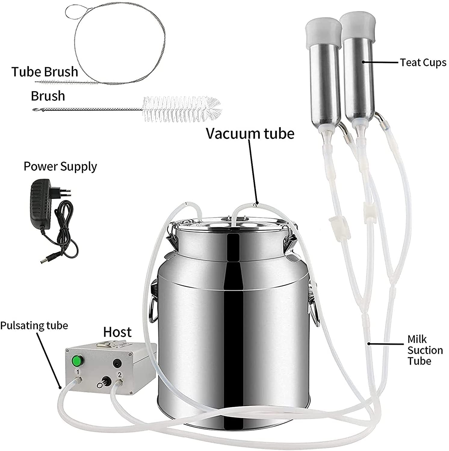 Ordeñadora eléctrica, 14L/7L Acero inoxidable Impulso portátil Oveja Cabra Dispositivo de ordeño Máquina Bomba de vacío Ordeñadora de cubo para granja Hogar Leche Vaca Ordeñadora (para cabra