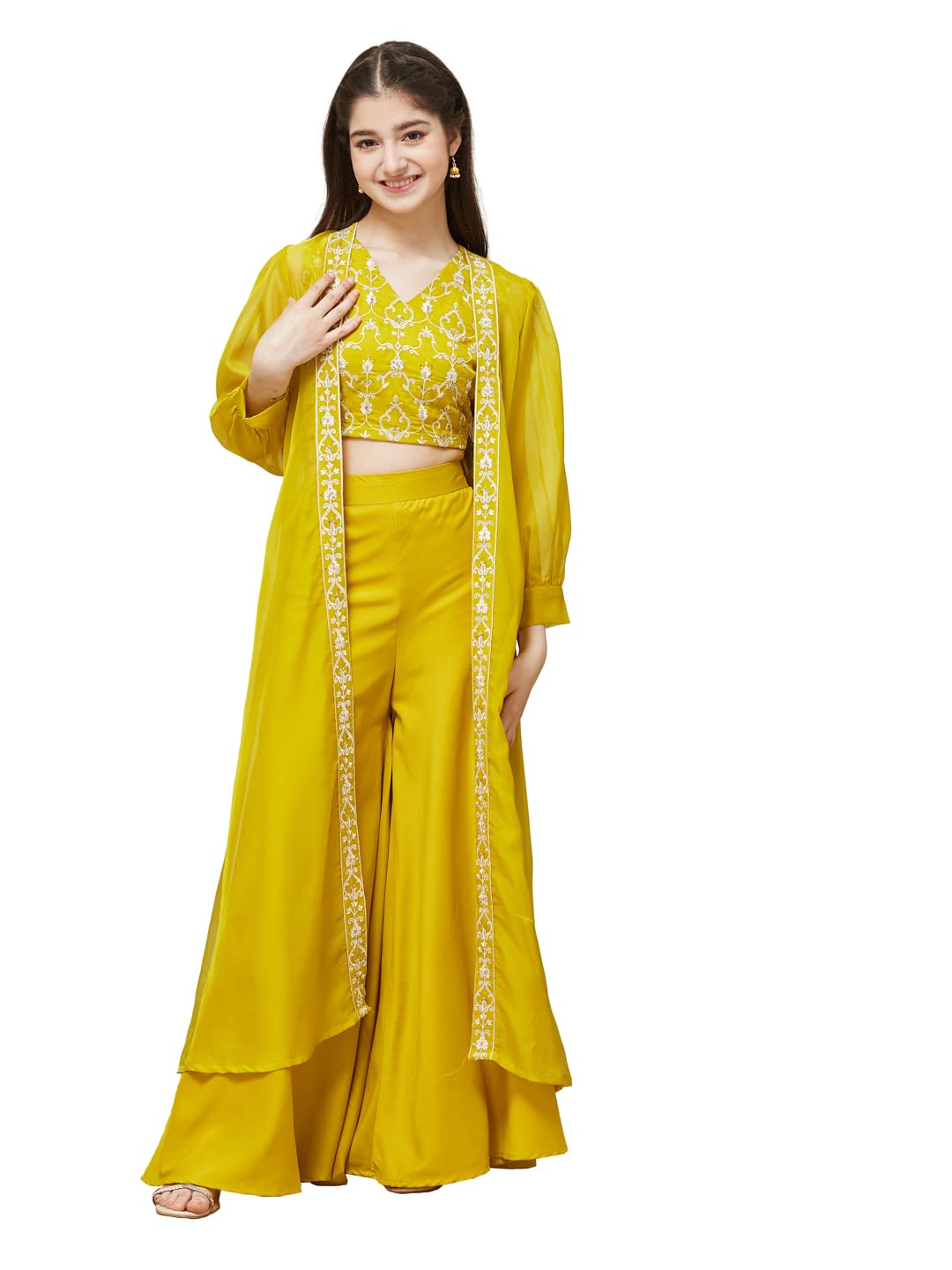 Organza Sequein Embroidered Blouse, Plazzo and kaftan or Shrug Set for Girls | 3 Piece Ethnic Wedding Or Party Set for Girls