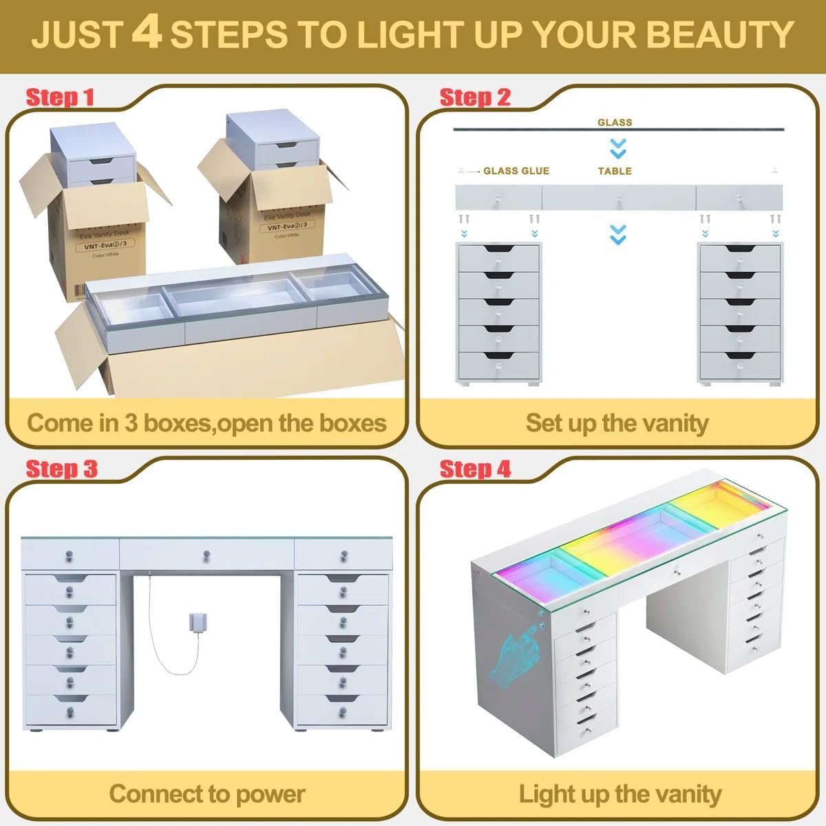 VANITII Large Vanity Desk with 15 LED Mirror, Makeup Vanity Table with 13 Drawers and RGB Color Modes Type C USB Charging Bedroom Dressing