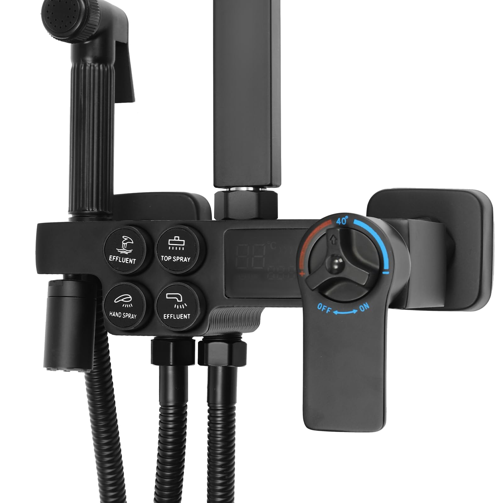 System prysznicowy, czarny, podtynkowy, 29 cm, deszczownica z termostatem LCD, 4 tryby, regulacja wysokości 73-116 cm, armatura prysznicowa, kompletny zestaw, elastyczny, silikonowe wyloty