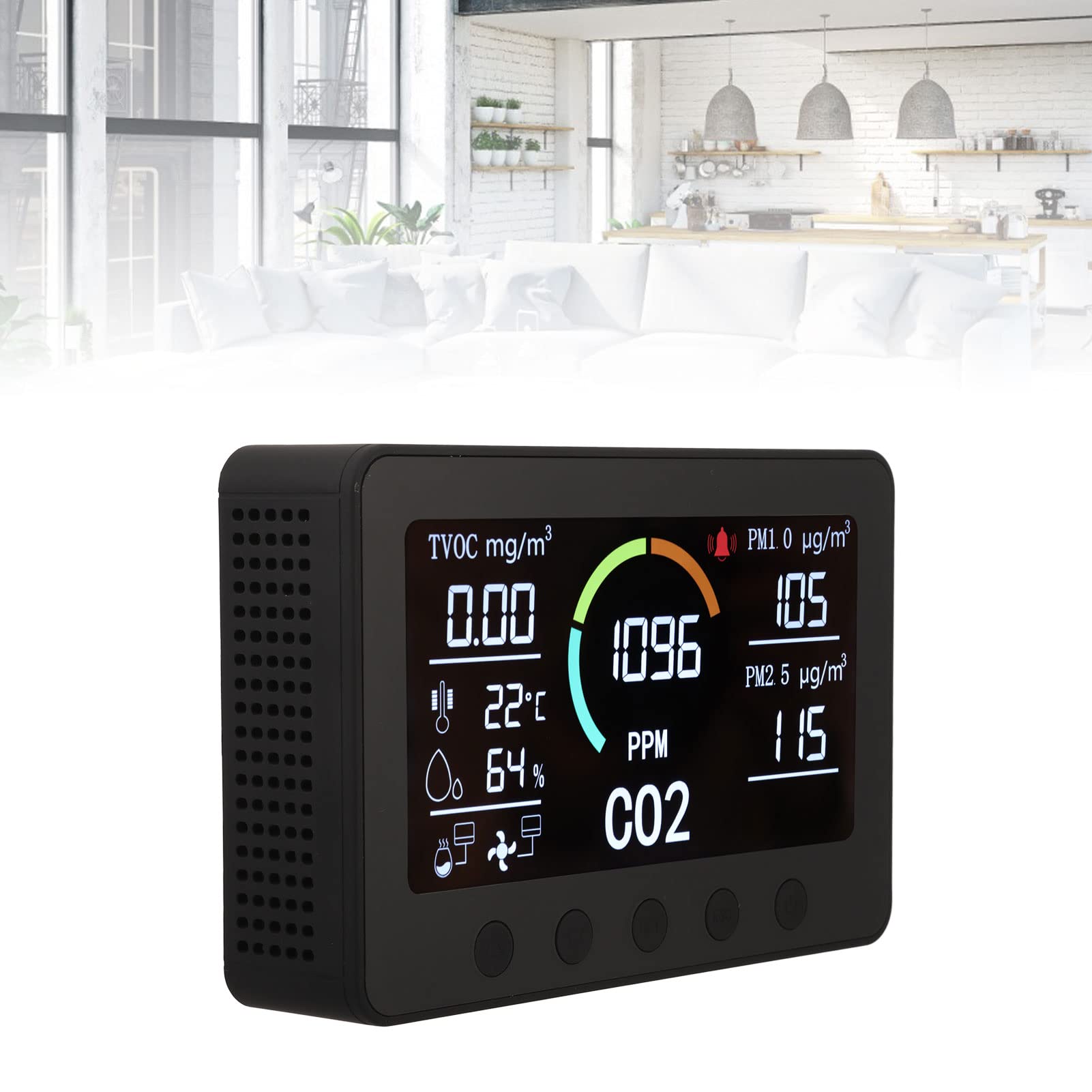 Negro CO2 TVOC PM2.5 WIFI Detector de calidad del aire Pantalla grande Temperatura Humedad Gas Monitor para el hogar, oficina, cocina, material ABS ignífugo