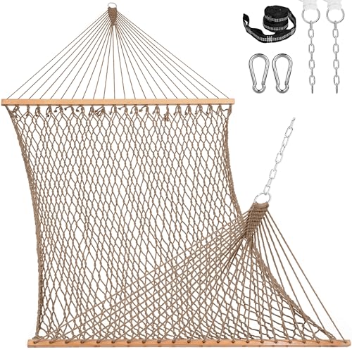 Image of Lazy Daze Hammocks 12FT Double Rope Hammocks, 2 Person Hand Woven Cotton Hammock with Spreader Bar, Carabiner, Tree Strap, Chain for Outside, FIT 13-15 FT Stand, Max 450 Lbs, Brown